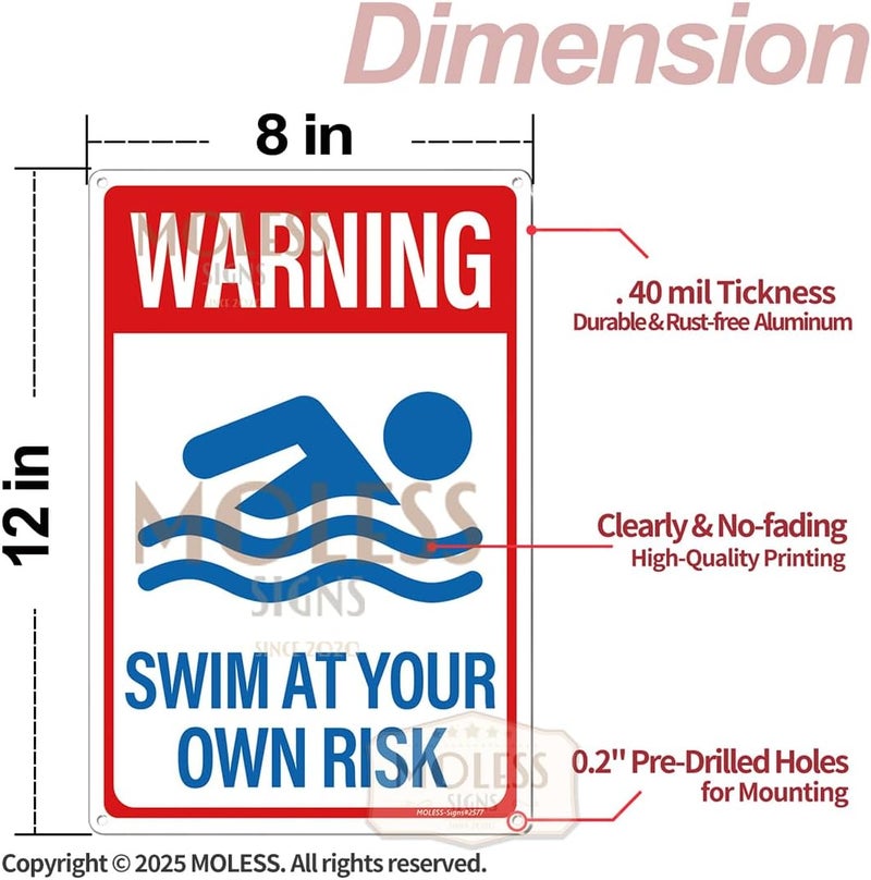 MOLESS 2 Pack Pool Safety Signs Bundle – 12x8 Inch Pool Signs for Outside Outdoor Decor, Watch Your Children & Swim at Your Own Risk, Durable 0.040 Aluminum Weatherproof, Easy to Mount, PSP-2503 - Image 2
